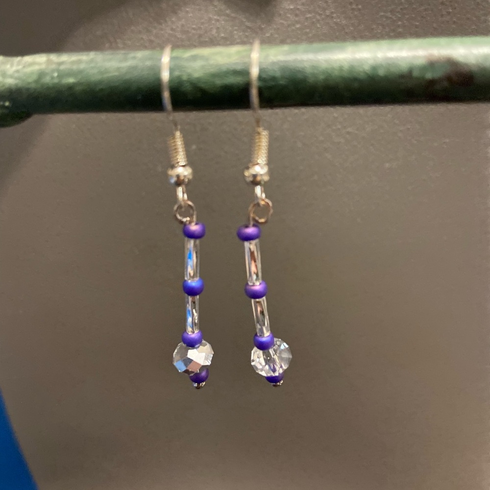 Purple, blue and clear earrings with beads, Christian based artist, handmade.